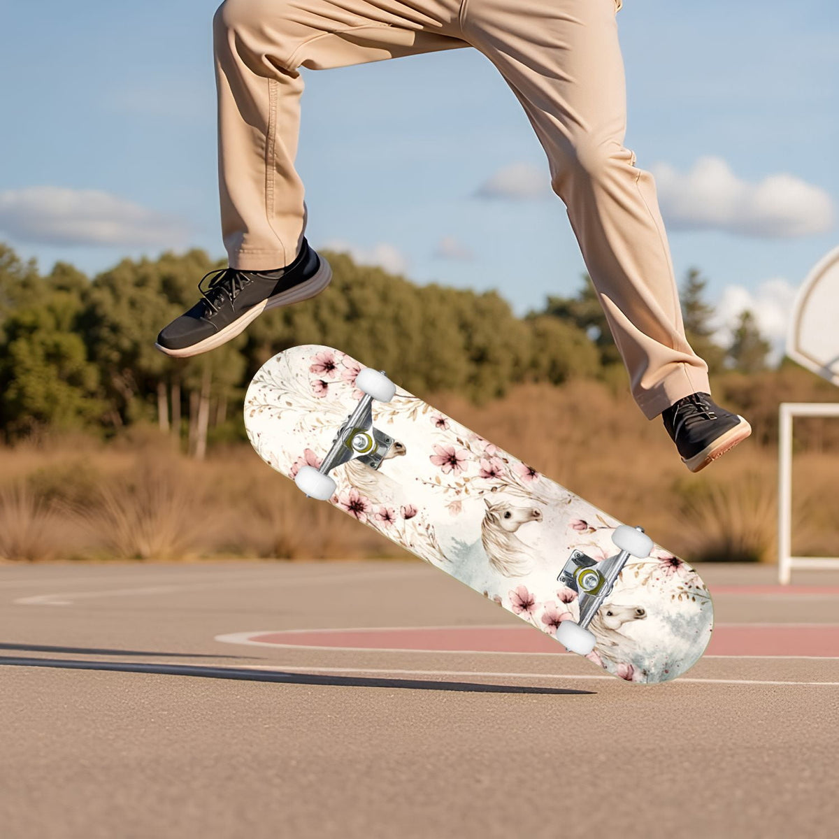 Botanical Floral Peonies Hummingbirds 31" x 8" Complete Skateboard, 7-Ply Canadian Maple Double Kick Trick Board for Kids and Beginners Adult Gifts