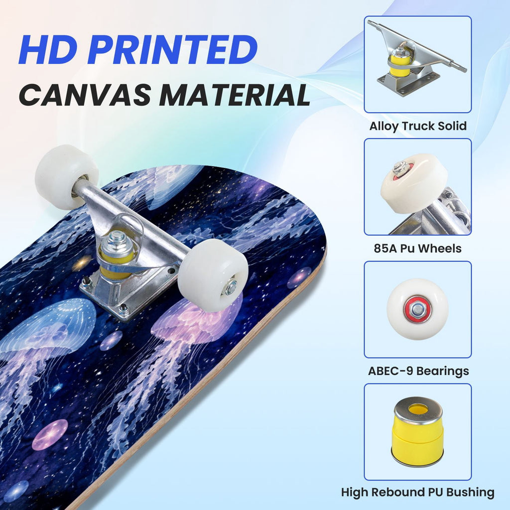 31"x8" Complete Skateboards for Beginners, Seashell Starfish Blue White Nautical Marine Life Double Kick 7 Ply Canadian Maple Deck Skateboard with Wheels, Gifts for Kids Teens