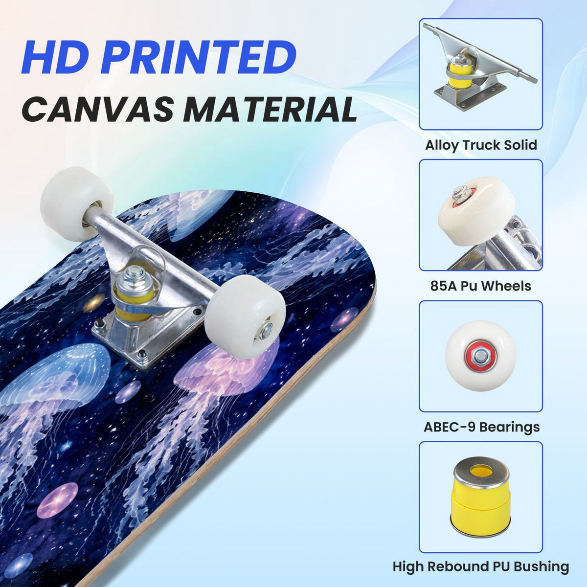 31"x8" Complete Skateboards for Beginners, Seashell Starfish Blue White Nautical Marine Life Double Kick 7 Ply Canadian Maple Deck Skateboard with Wheels, Gifts for Kids Teens