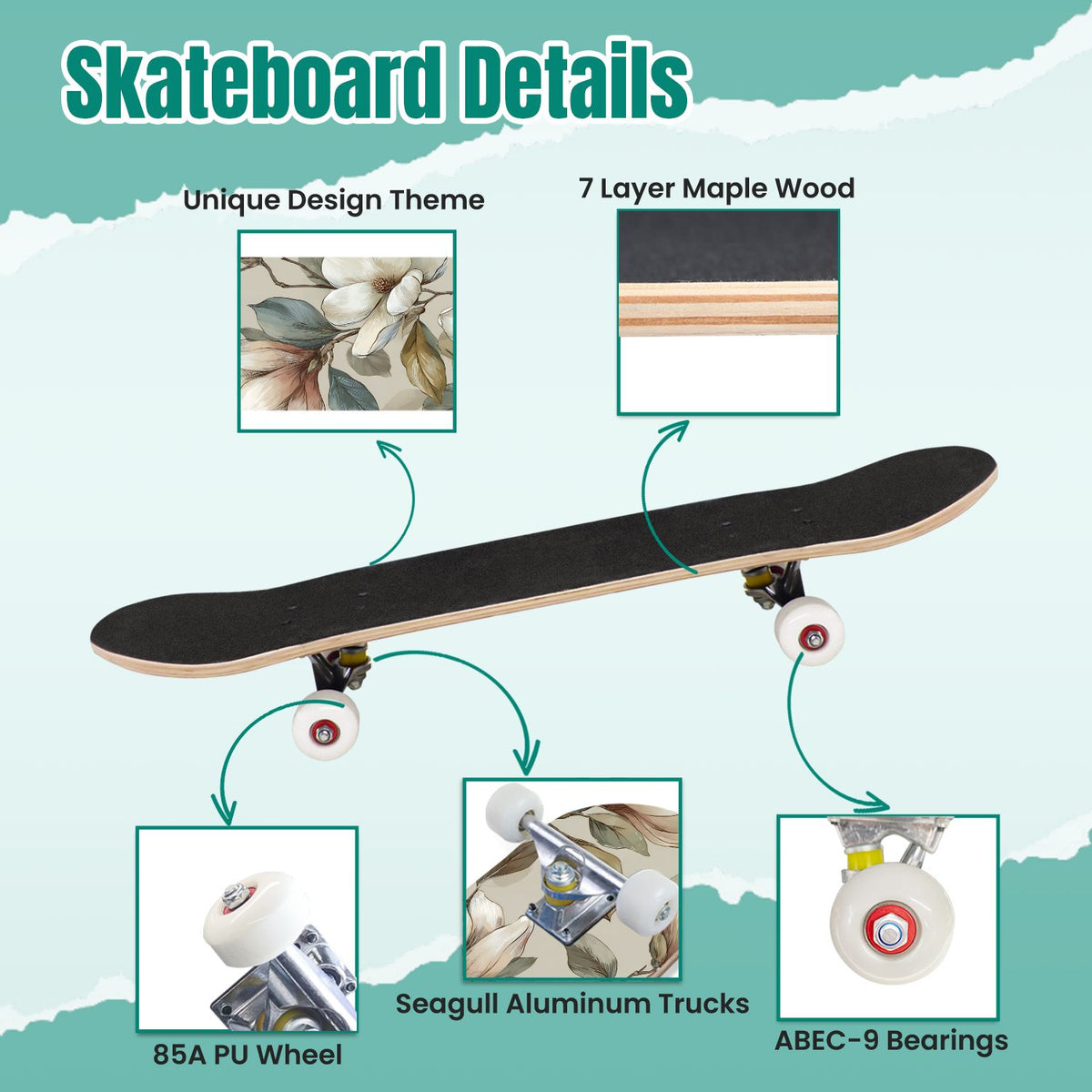 Botanical Embroidery Golden Green Leaves Black 31" x 8" Complete Skateboard, 7-Ply Canadian Maple Double Kick Trick Board for Kids and Beginners Adult Gifts