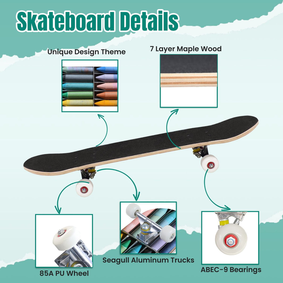 Vintage Damask Light Blue Brown Tones 31" x 8" Complete Skateboard, 7-Ply Canadian Maple Double Kick Trick Board for Kids and Beginners Adult Gifts