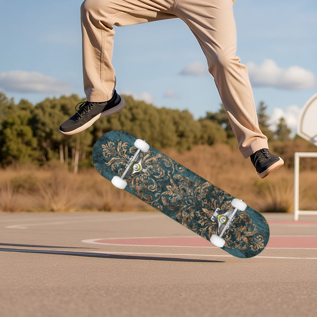 Vintage Damask Light Blue Brown Tones 31" x 8" Complete Skateboard, 7-Ply Canadian Maple Double Kick Trick Board for Kids and Beginners Adult Gifts