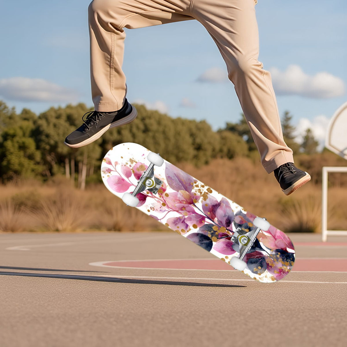 Dark Floral Wildflower Pink Yellow Blue Blooms 31" x 8" Complete Skateboard, 7-Ply Canadian Maple Double Kick Trick Board for Kids and Beginners Adult Gifts