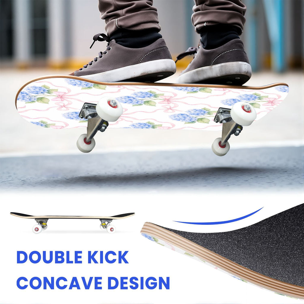 31"x8" Complete Skateboards for Beginners,Elegant White Blue Flowers Soft Petals Dreamy Artistic Double Kick 7 Ply Canadian Maple Deck Skateboard with Wheels, Gifts for Kids Teens