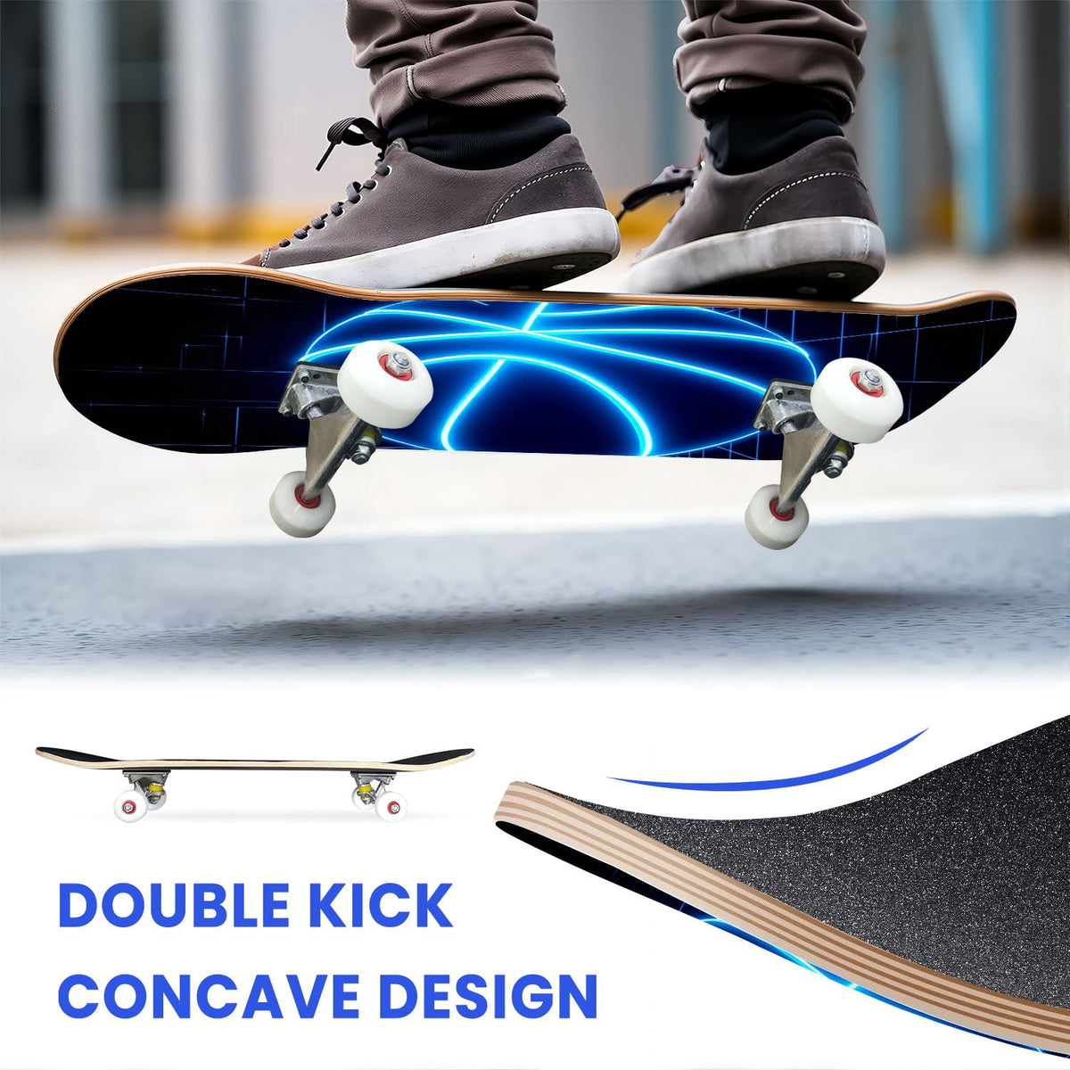 31"x8" Complete Skateboards for Beginners, Honeycomb Futuristic Hexagonal Neon Glowing Orange Light Double Kick 7 Ply Canadian Maple Deck Skateboard with Wheels, Gifts for Kids Teens