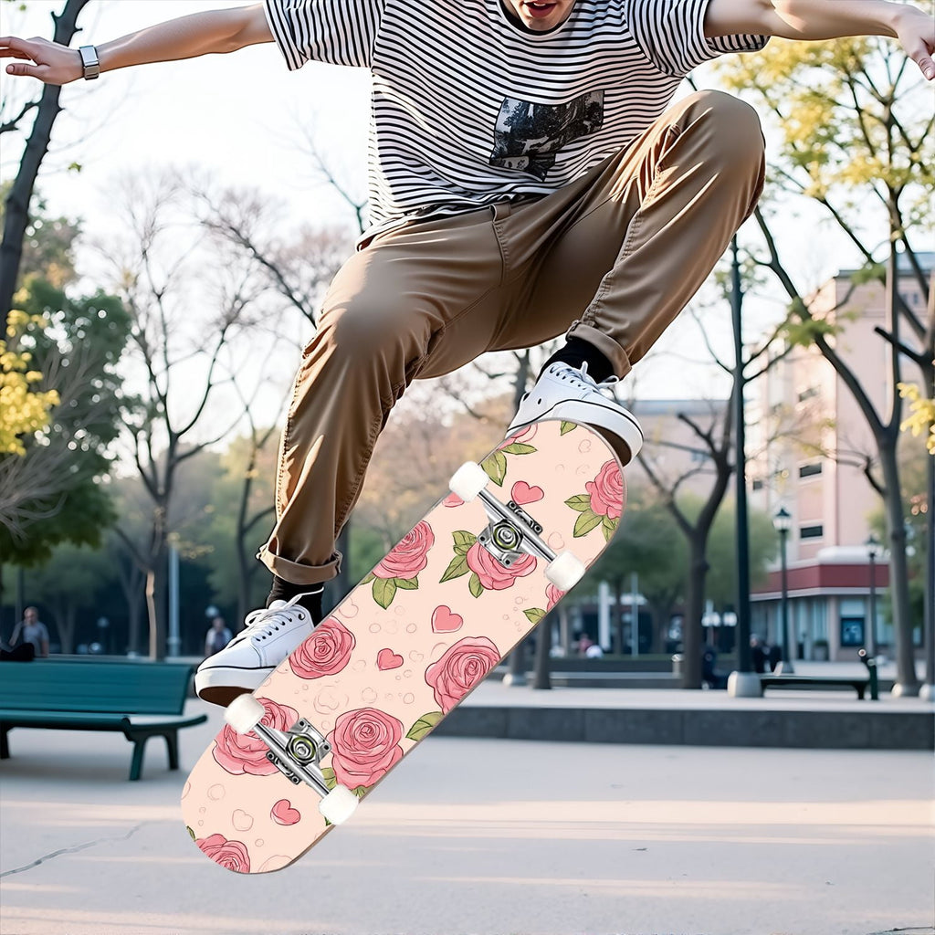 31"x8" Complete Skateboards for Beginners, Elegant Floral Pink Roses Blue Butterflies Double Kick 7 Ply Canadian Maple Deck Skateboard with Wheels, Gifts for Kids Teens