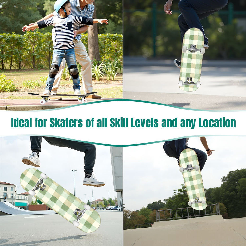 31"x8" Complete Skateboards for Beginners,Mint Green White Plaid Tartan Subtle Double Kick 7 Ply Canadian Maple Deck Skateboard with Wheels, Gifts for Kids Teens