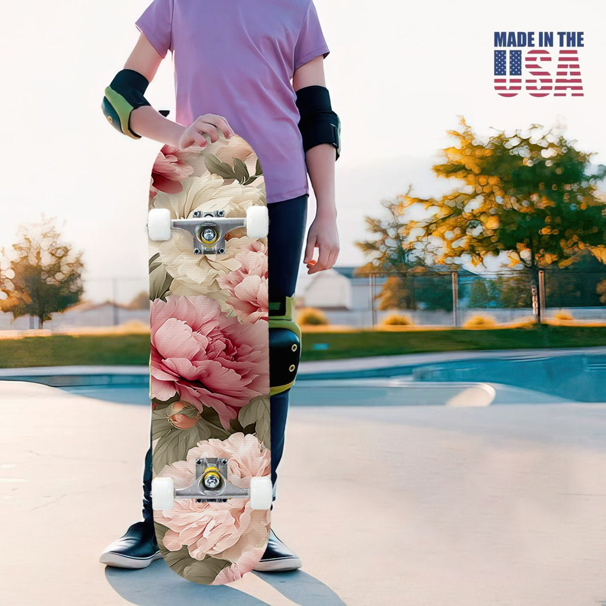 31"x8" Complete Skateboards for Beginners, Elegant Peony Floral Soft Pink White Tones Neutral Double Kick 7 Ply Canadian Maple Deck Skateboard with Wheels, Gifts for Kids Teens