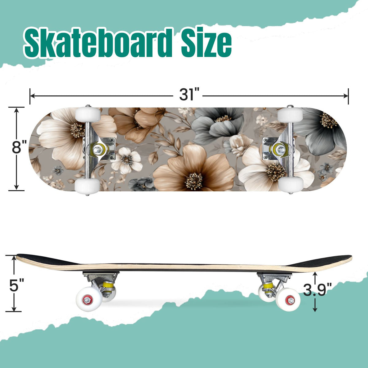 Watercolor Botanical Blue Green Leaves Flowers 31" x 8" Complete Skateboard, 7-Ply Canadian Maple Double Kick Trick Board for Kids and Beginners Adult Gifts