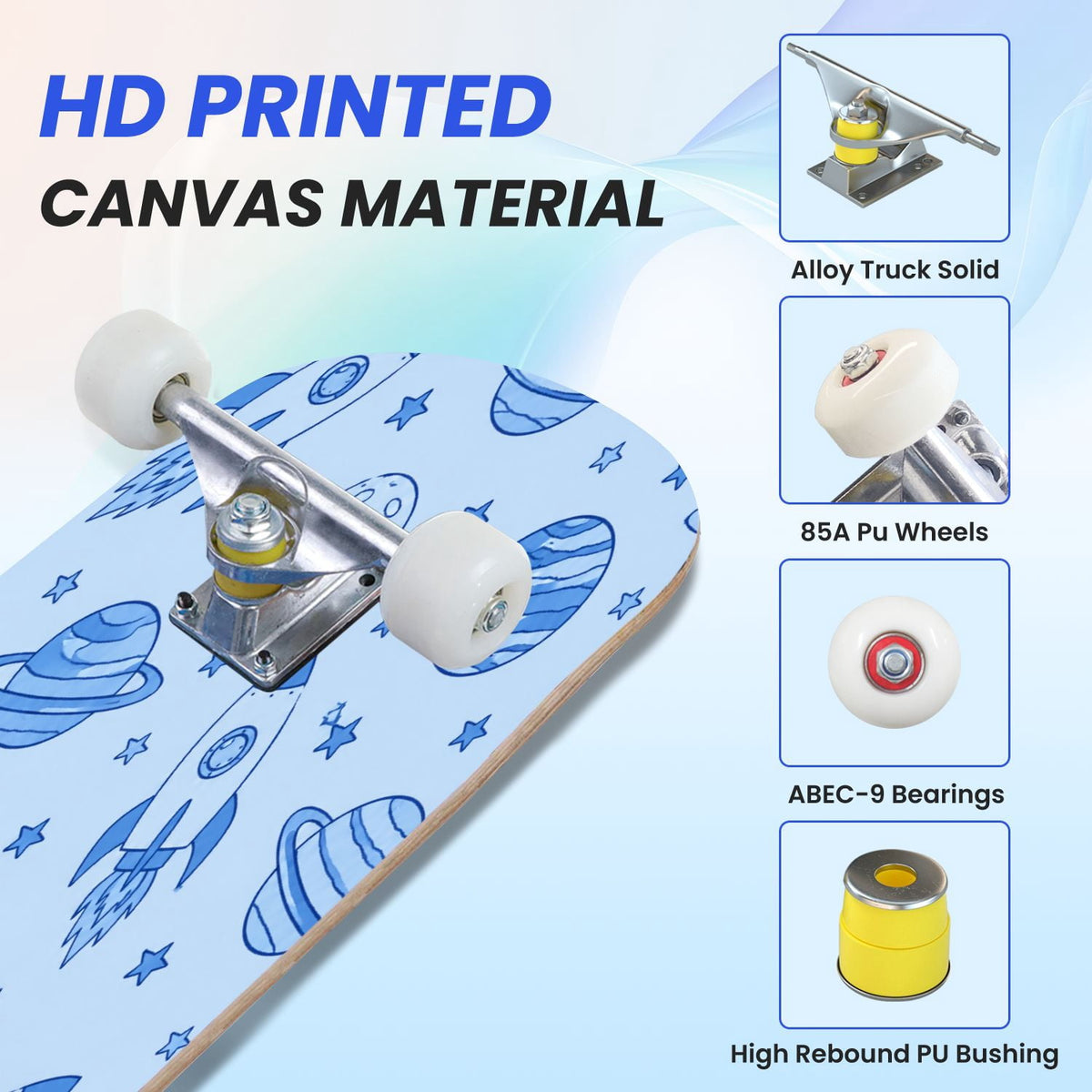 31"x8" Complete Skateboards for Beginners,Blue White Vintage Floral Roses Ornate Swirls Double Kick 7 Ply Canadian Maple Deck Skateboard with Wheels, Gifts for Kids Teens