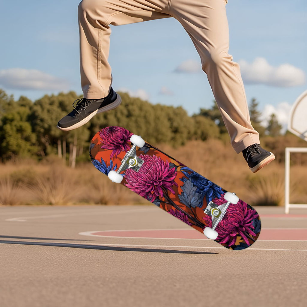 Botanical Embroidery Golden Green Leaves Black 31" x 8" Complete Skateboard, 7-Ply Canadian Maple Double Kick Trick Board for Kids and Beginners Adult Gifts