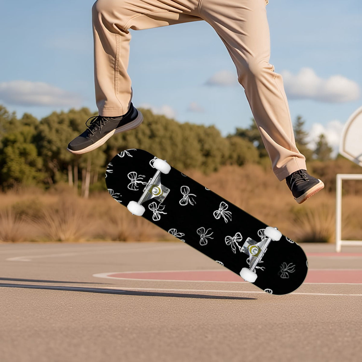 Delicate Pink Floral Ribbon Design 31" x 8" Complete Skateboard, 7-Ply Canadian Maple Double Kick Trick Board for Kids and Beginners Adult Gifts