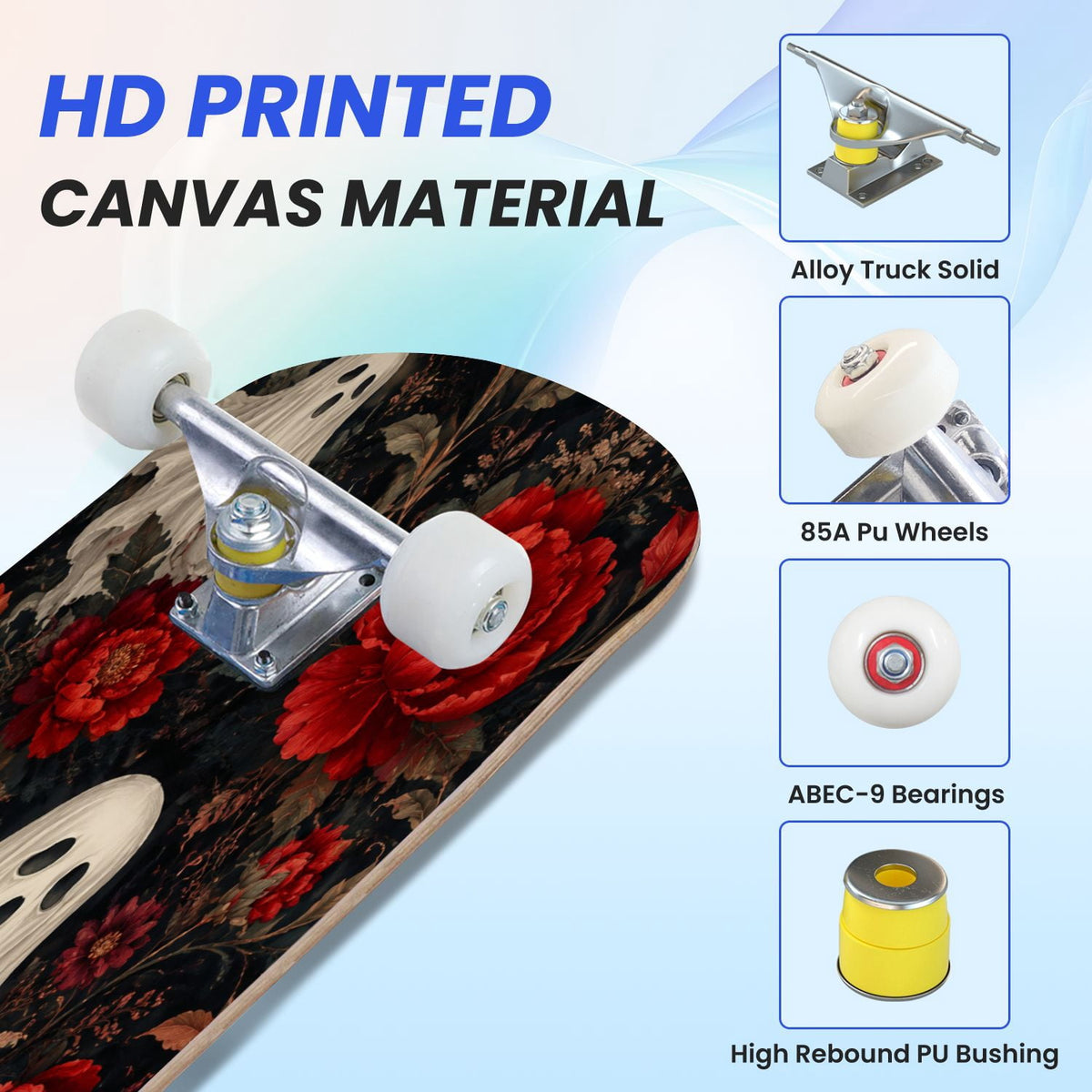 31"x8" Complete Skateboards for Beginners,Halloween Themed Pumpkins Witch Hats Spooky Double Kick 7 Ply Canadian Maple Deck Skateboard with Wheels, Gifts for Kids Teens