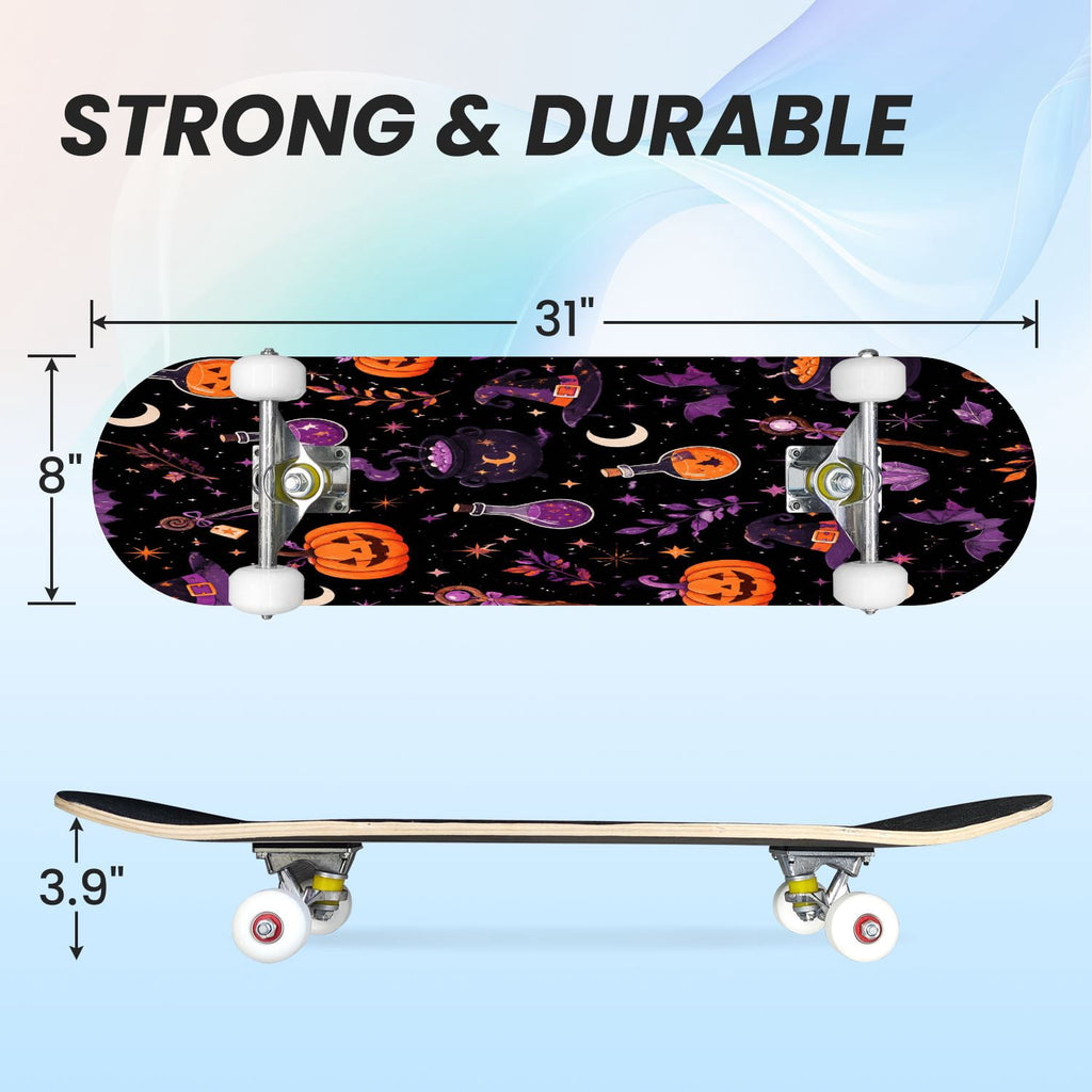 31"x8" Complete Skateboards for Beginners,Halloween Themed Pumpkins Witch Hats Spooky Double Kick 7 Ply Canadian Maple Deck Skateboard with Wheels, Gifts for Kids Teens