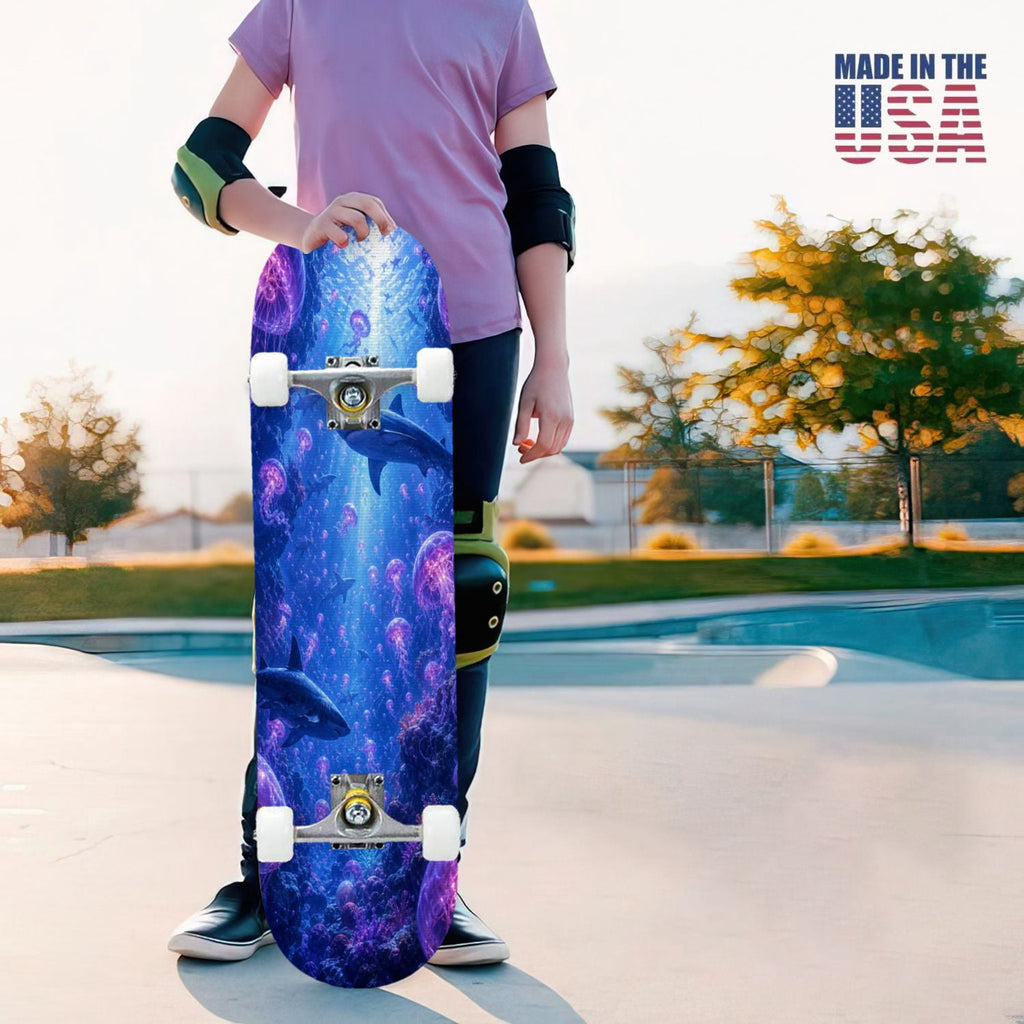 31"x8" Complete Skateboards for Beginners, Underwater Sharks Glowing Purple Jellyfish Marine Life Double Kick 7 Ply Canadian Maple Deck Skateboard with Wheels, Gifts for Kids Teens