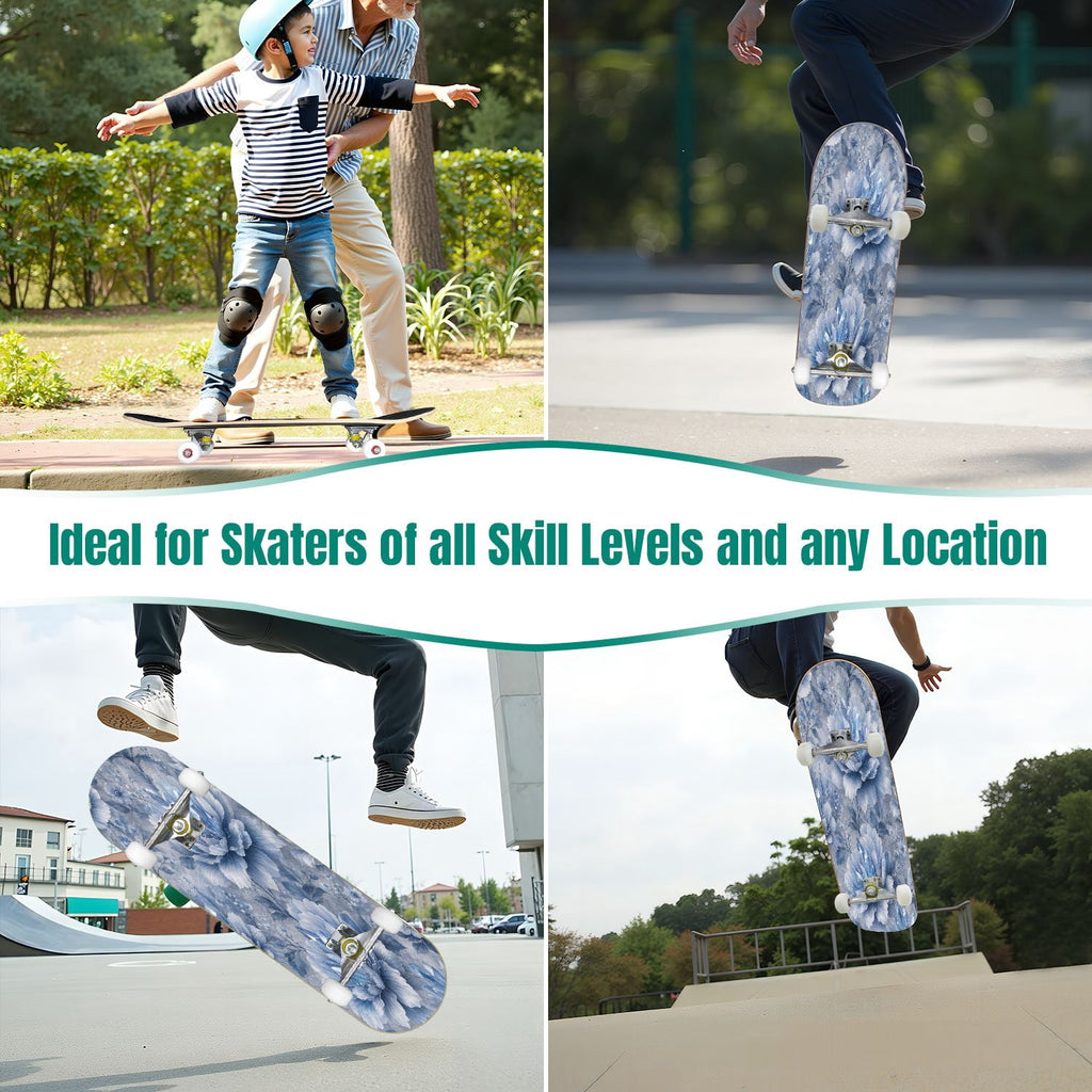 31"x8" Complete Skateboards for Beginners,Blue Flowers Crystals Seamless Watercolor Double Kick 7 Ply Canadian Maple Deck Skateboard with Wheels, Gifts for Kids Teens