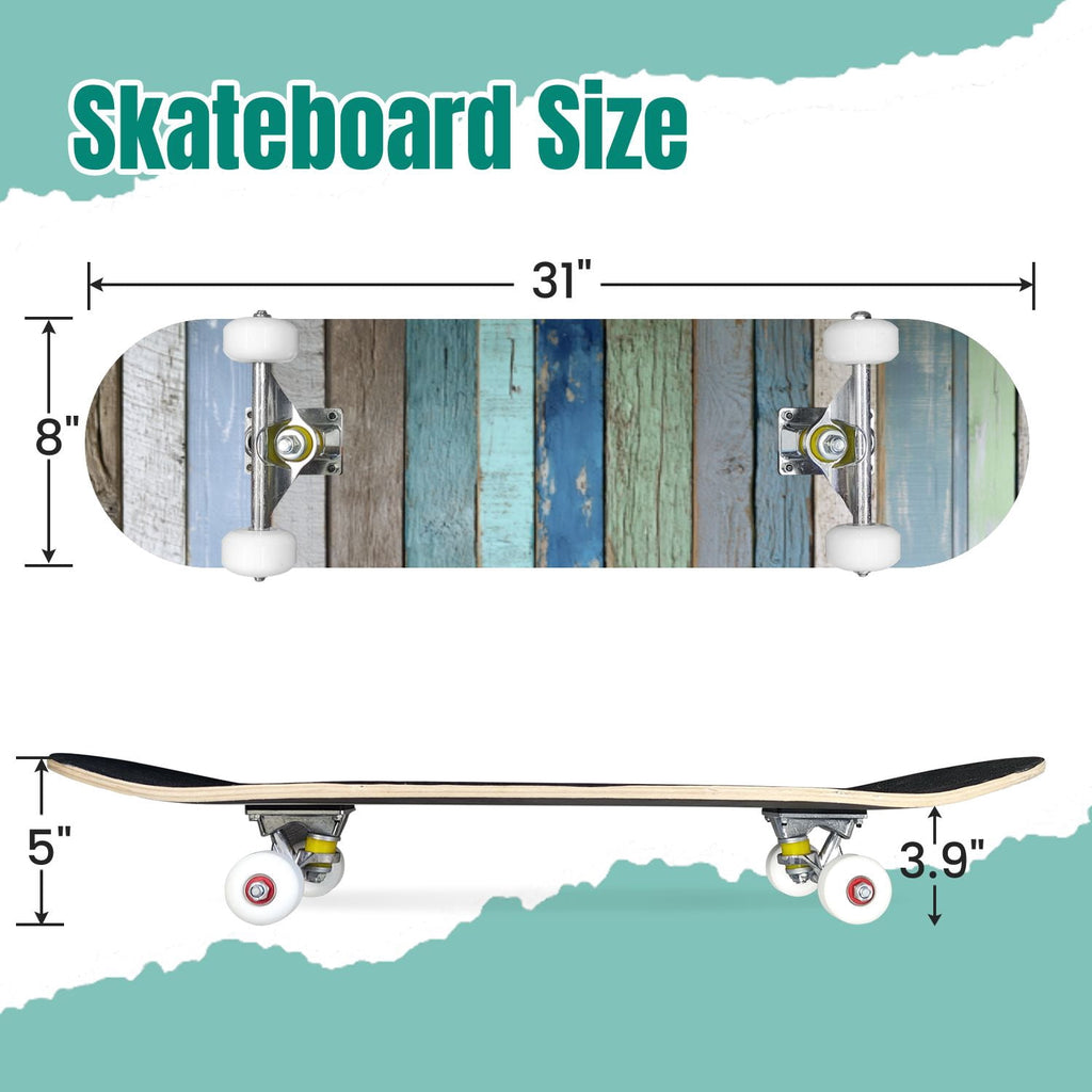 Seashells Starfish Sandy Beach Soft Lighting 31" x 8" Complete Skateboard, 7-Ply Canadian Maple Double Kick Trick Board for Kids and Beginners Adult Gifts