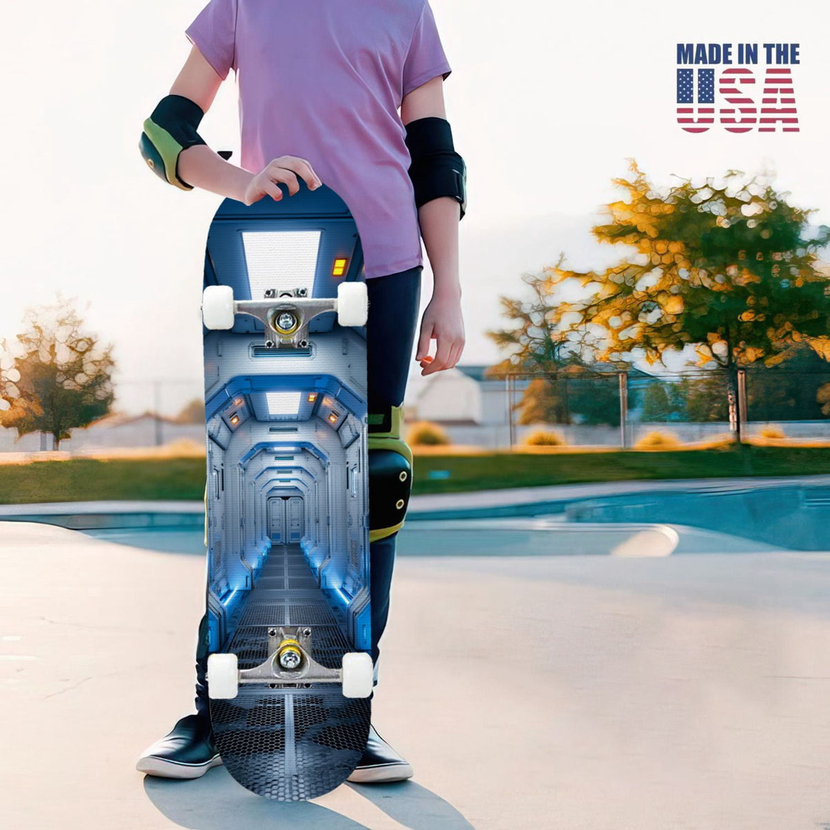 31"x8" Complete Skateboards for Beginners,Black Hexagon Honeycomb Glowing Blue Accents Double Kick 7 Ply Canadian Maple Deck Skateboard with Wheels, Gifts for Kids Teens