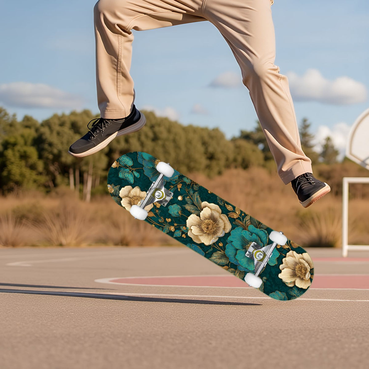 Vintage Floral Bird Sepia Tones 31" x 8" Complete Skateboard, 7-Ply Canadian Maple Double Kick Trick Board for Kids and Beginners Adult Gifts
