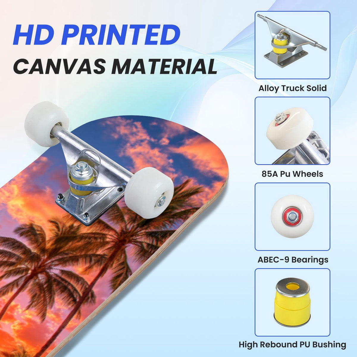 31"x8" Complete Skateboards for Beginners, Blue Deep Sea Sailing Ship Octopus Lighthouse Clouds Ocean Double Kick 7 Ply Canadian Maple Deck Skateboard with Wheels, Gifts for Kids Teens