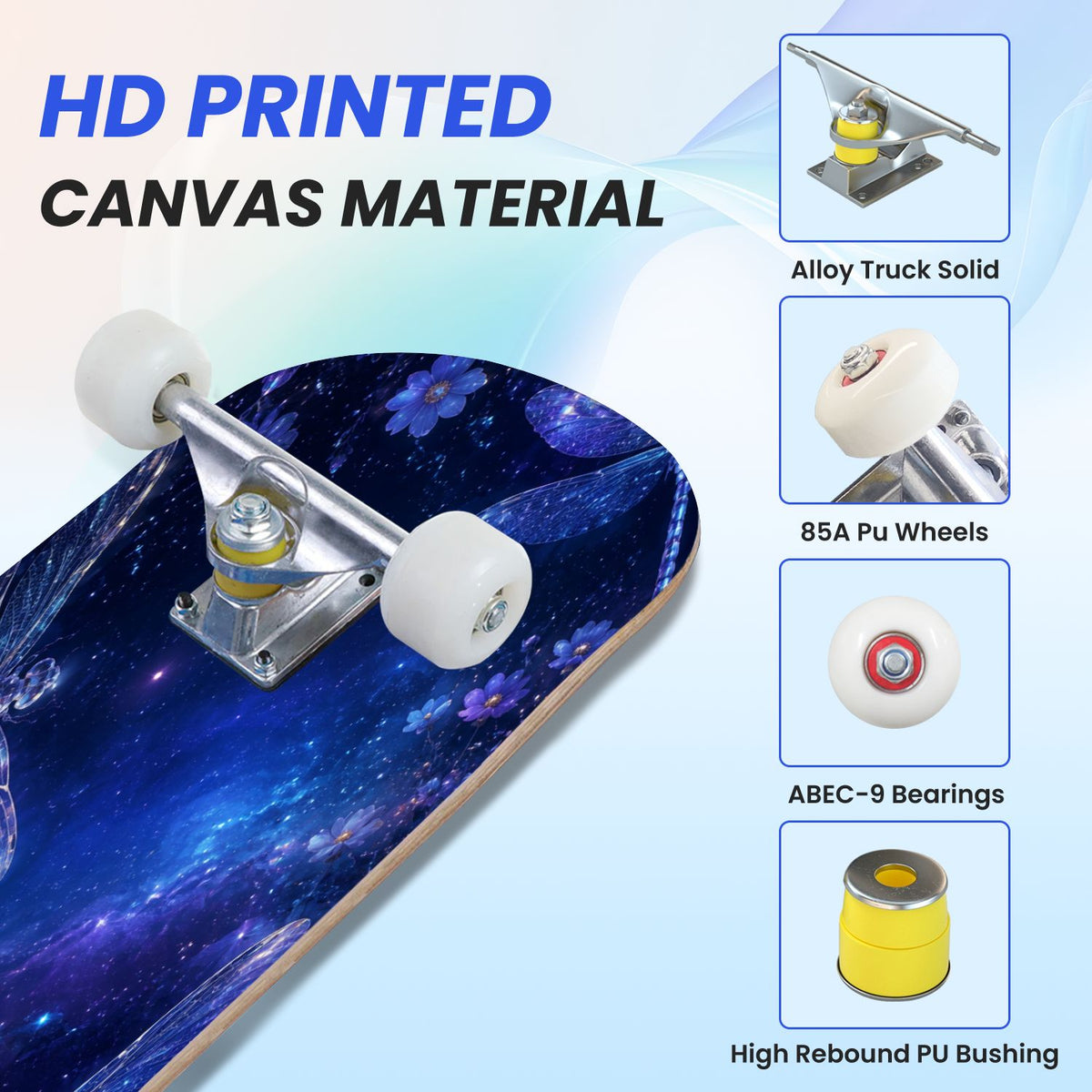 31"x8" Complete Skateboards for Beginners, Blue Moth Moonlight Flowers Mushrooms Forest Double Kick 7 Ply Canadian Maple Deck Skateboard with Wheels, Gifts for Kids Teens