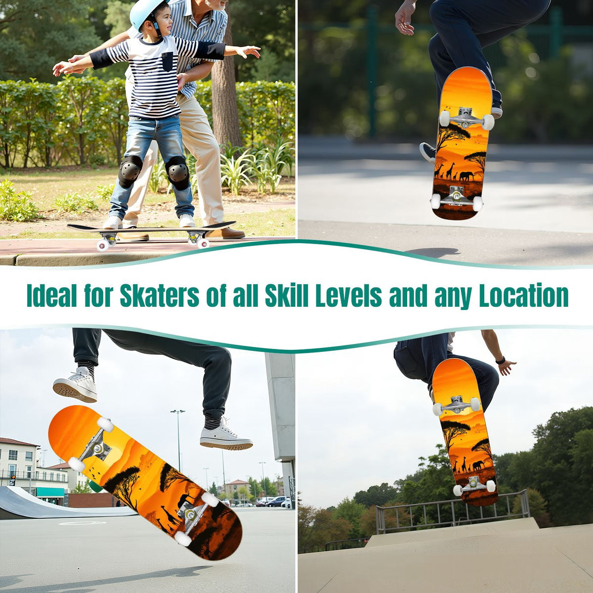 31"x8" Complete Skateboards for Beginners, Soft Blue Cream Striped Design Double Kick 7 Ply Canadian Maple Deck Skateboard with Wheels, Gifts for Kids Teens