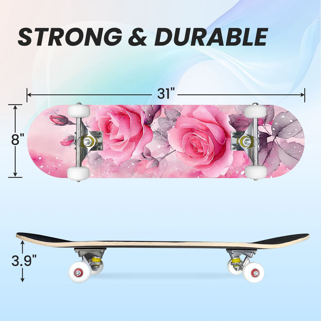 31"x8" Complete Skateboards for Beginners, Elegant Pink Red Roses Green Leaves Dark Double Kick 7 Ply Canadian Maple Deck Skateboard with Wheels, Gifts for Kids Teens