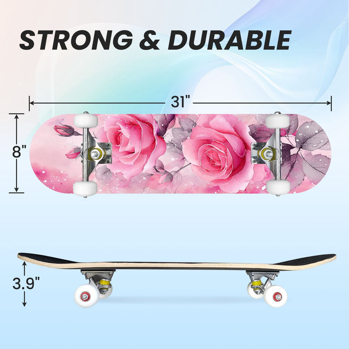 31"x8" Complete Skateboards for Beginners, Elegant Pink Red Roses Green Leaves Dark Double Kick 7 Ply Canadian Maple Deck Skateboard with Wheels, Gifts for Kids Teens