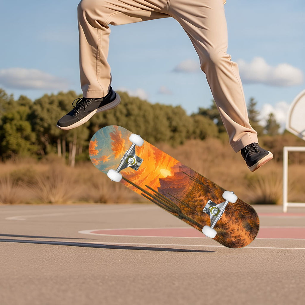 Forest Tree Wood Green Pine Trees Autumn Leaves Fog Misty 31" x 8" Complete Skateboard, 7-Ply Canadian Maple Double Kick Trick Board for Kids and Beginners Adult Gifts