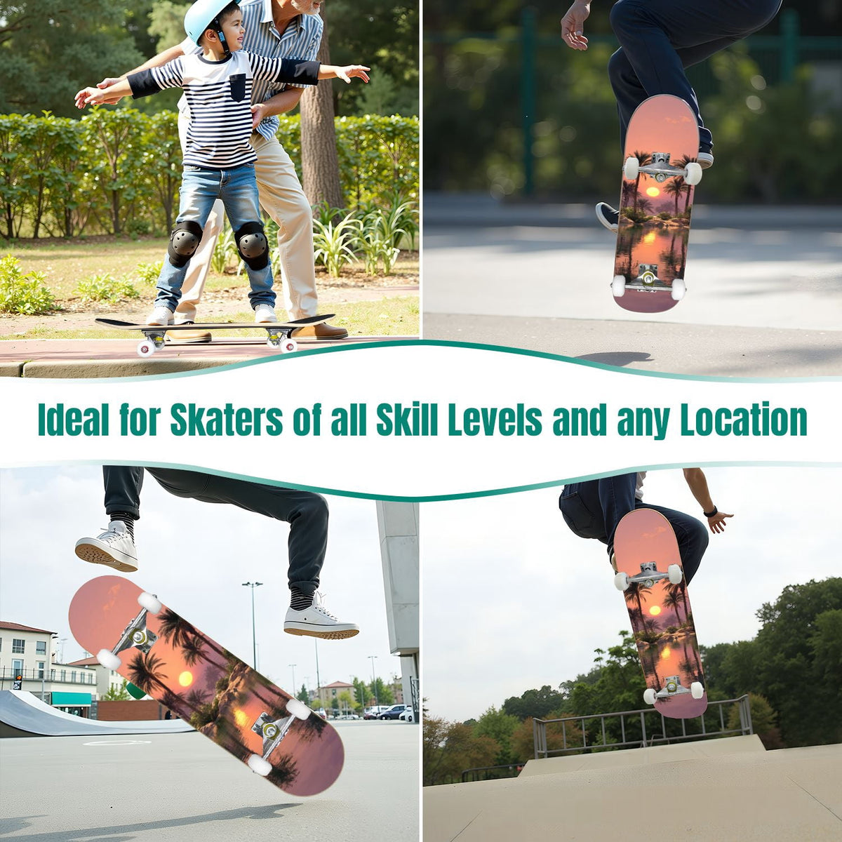 31"x8" poisous plants Mushroom Complete Skateboard for Beginners hand colored vintage retro 7 Layer Maple Deck Double Kick Kids Skateboard with 85A PU Wheels Gifts for Kids Teens