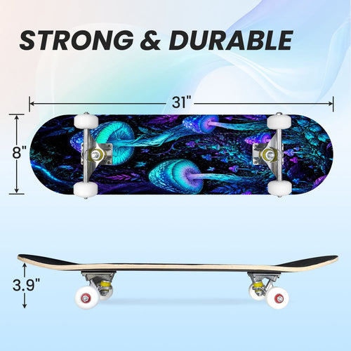 31"x8" Complete Skateboards for Beginners, Glowing Bioluminescent Mushrooms Mystical Forest Double Kick 7 Ply Canadian Maple Deck Skateboard with Wheels, Gifts for Kids Teens