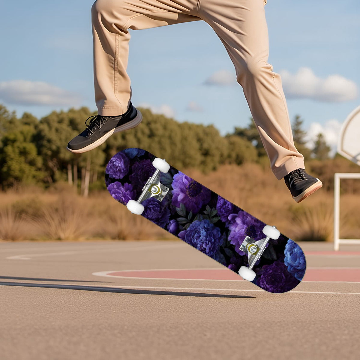 Gothic Purple Blue Floral Dark 31" x 8" Complete Skateboard, 7-Ply Canadian Maple Double Kick Trick Board for Kids and Beginners Adult Gifts