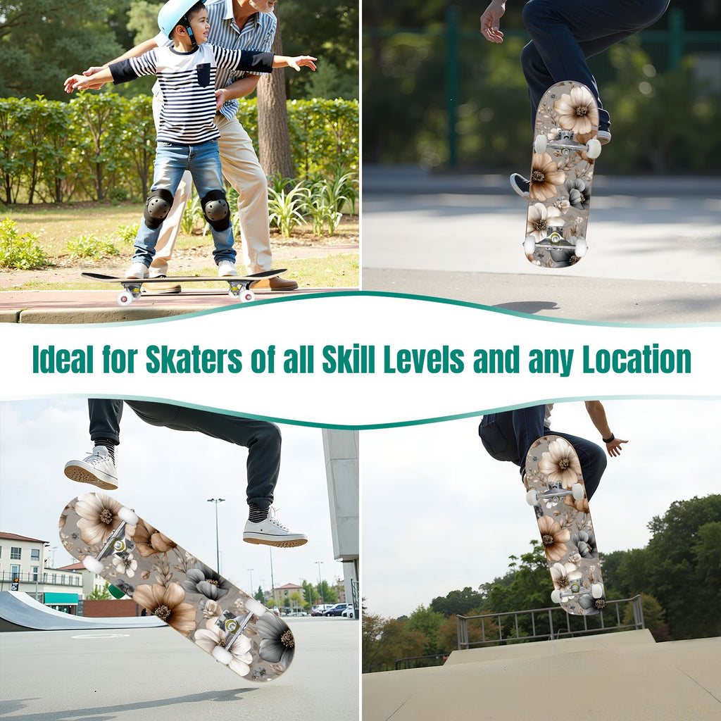 Watercolor Botanical Blue Green Leaves Flowers 31" x 8" Complete Skateboard, 7-Ply Canadian Maple Double Kick Trick Board for Kids and Beginners Adult Gifts