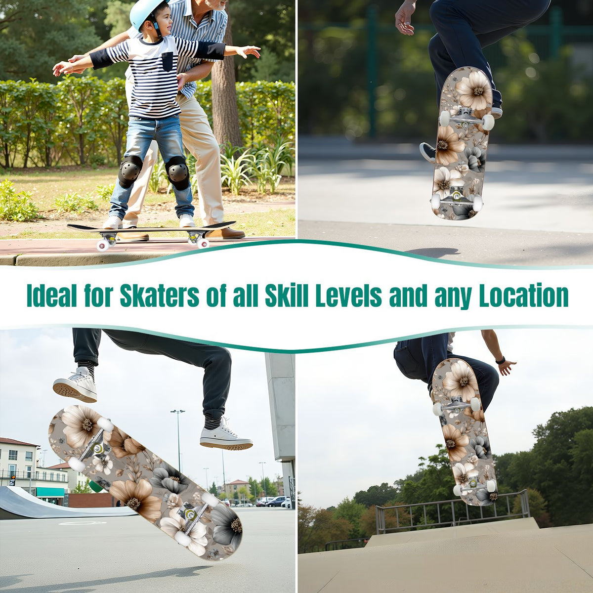Watercolor Botanical Blue Green Leaves Flowers 31" x 8" Complete Skateboard, 7-Ply Canadian Maple Double Kick Trick Board for Kids and Beginners Adult Gifts