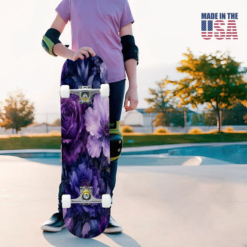 31"x8" Complete Skateboards for Beginners, Purple White Cosmos Flowers Butterflies Watercolor Double Kick 7 Ply Canadian Maple Deck Skateboard with Wheels, Gifts for Kids Teens