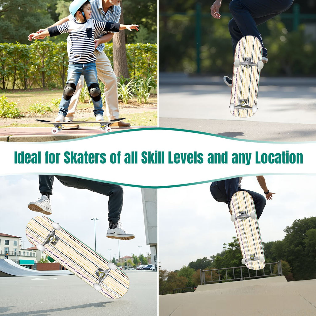 31"x8" Complete Skateboards for Beginners,Vibrant Diagonal Rainbow Gradient Abstract Art Double Kick 7 Ply Canadian Maple Deck Skateboard with Wheels, Gifts for Kids Teens