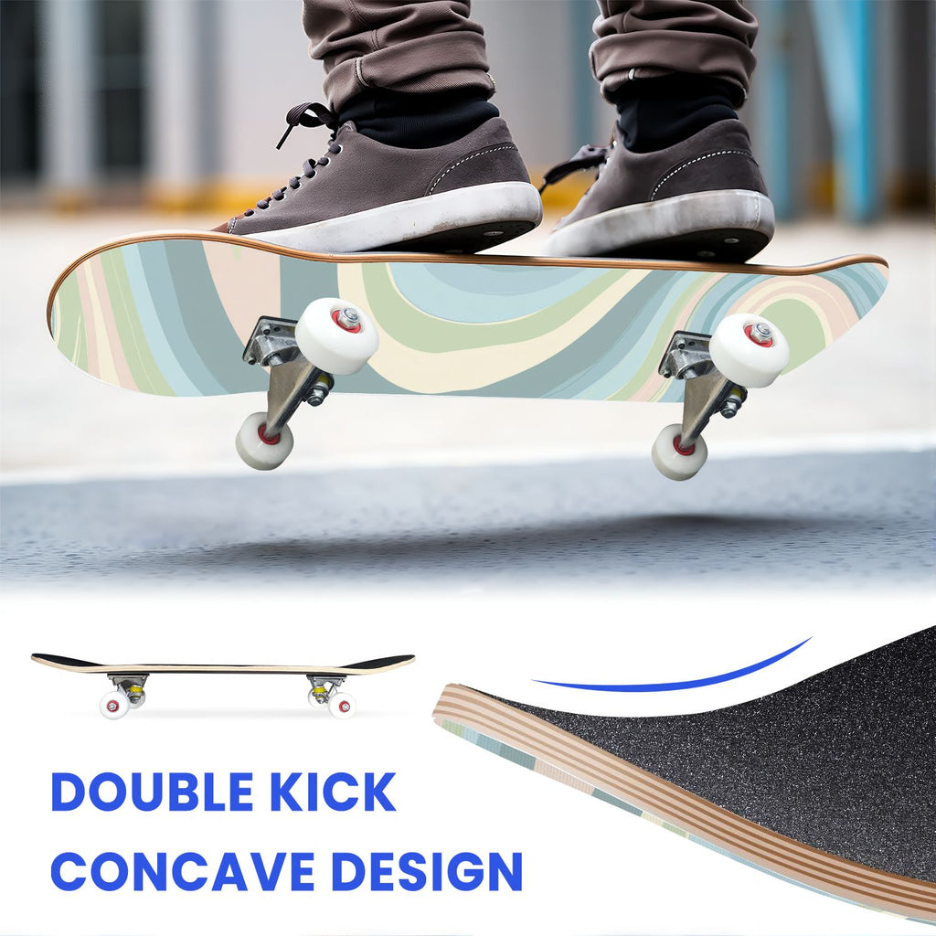 31"x8" Complete Skateboards for Beginners, Abstract Pastel Swirl Soft Earthy Tones Double Kick 7 Ply Canadian Maple Deck Skateboard with Wheels, Gifts for Kids Teens
