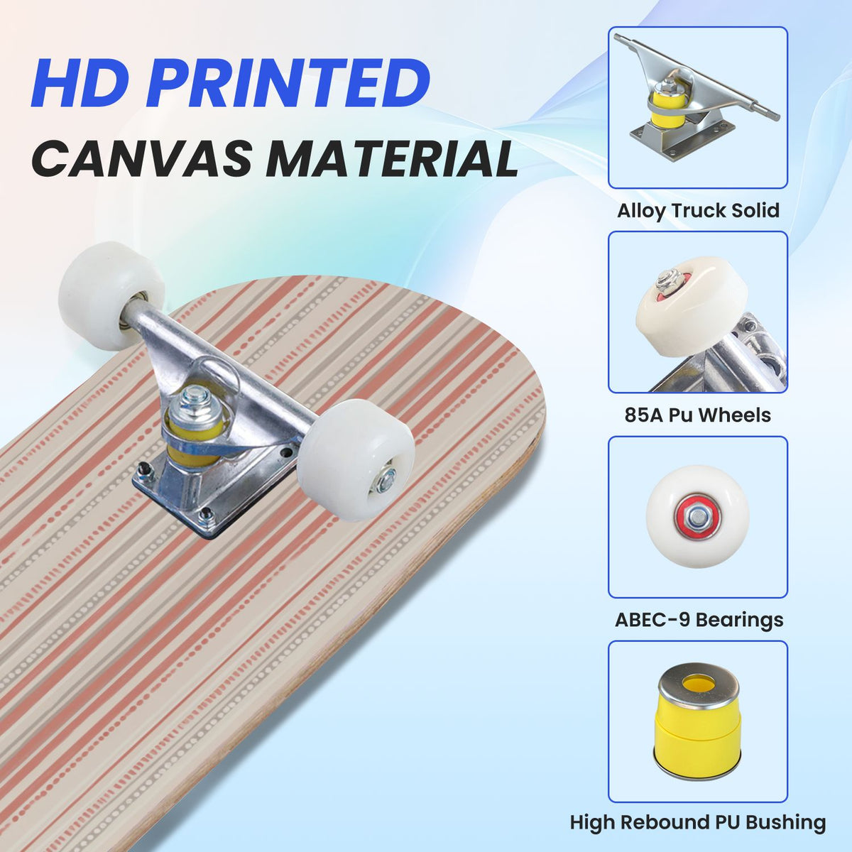 31"x8" Complete Skateboards for Beginners,Pastel Pink Vertical Stripe Minimalist Soft Design Double Kick 7 Ply Canadian Maple Deck Skateboard with Wheels, Gifts for Kids Teens