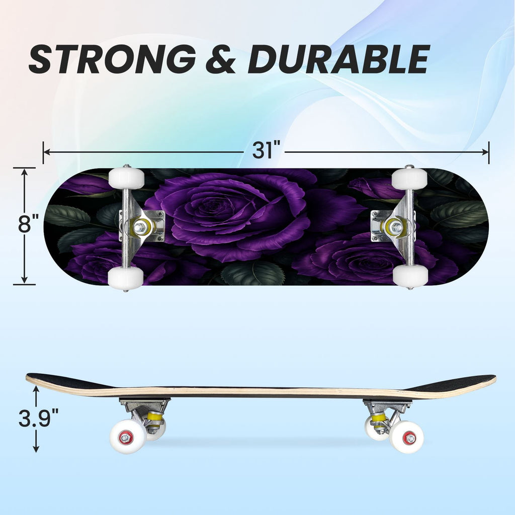 31"x8" Complete Skateboards for Beginners, Colorful Mushroom Floral Magical Night Forest Vintage Double Kick 7 Ply Canadian Maple Deck Skateboard with Wheels, Gifts for Kids Teens