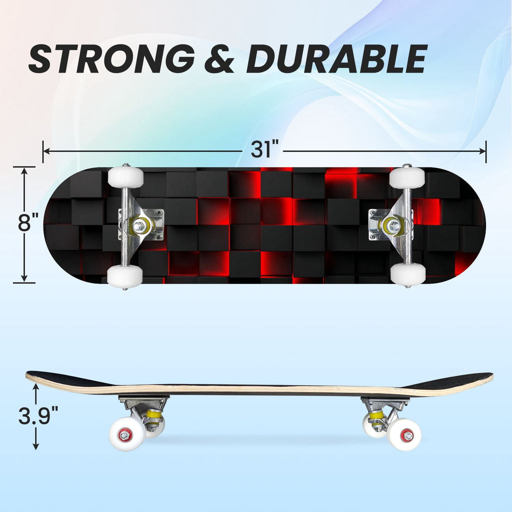 31"x8" Complete Skateboards for Beginners,Geometric Hexagon Glowing Neon Blue Purple Double Kick 7 Ply Canadian Maple Deck Skateboard with Wheels, Gifts for Kids Teens