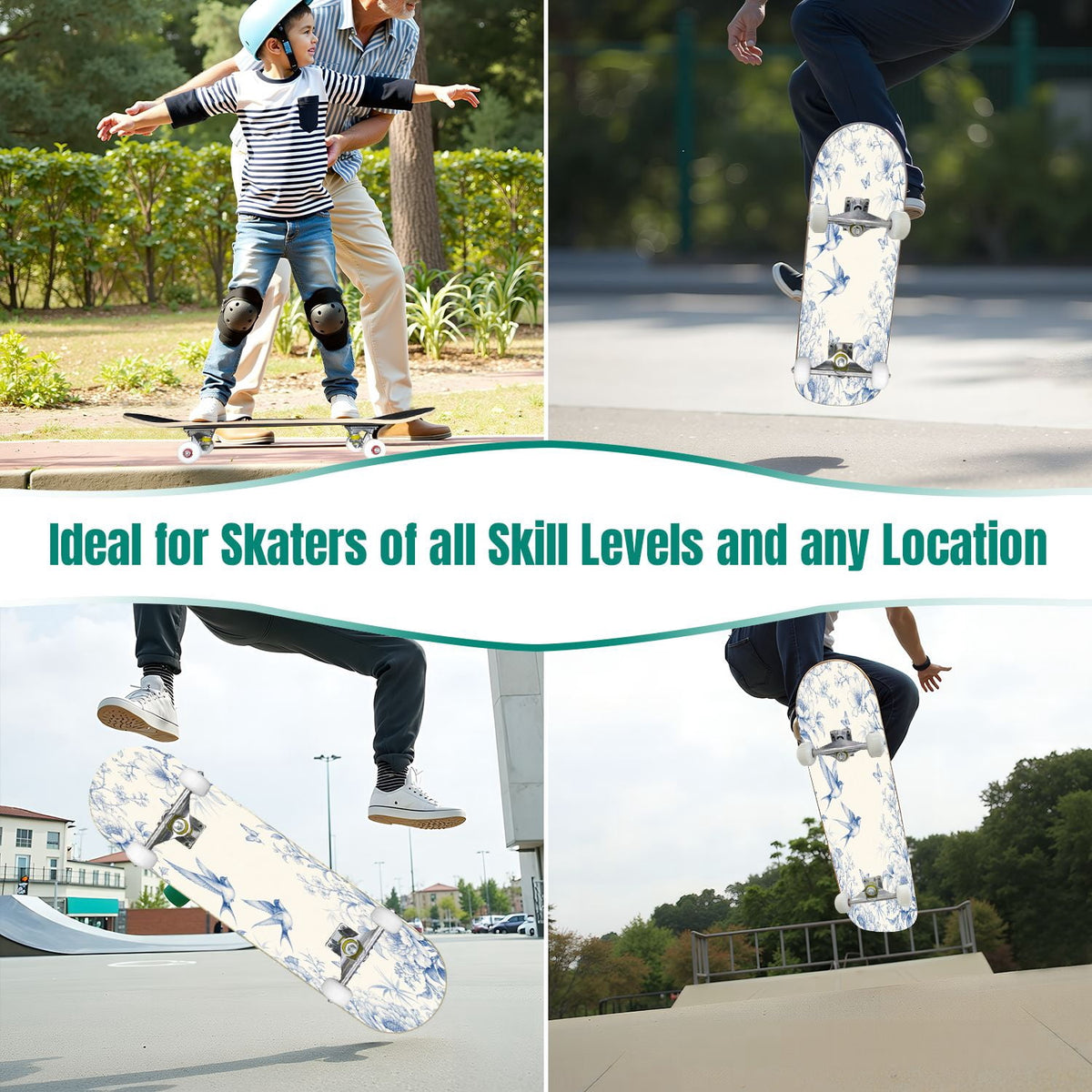 Modern Botanical Watercolor Pink Gold Mint Navy Leaves 31" x 8" Complete Skateboard, 7-Ply Canadian Maple Double Kick Trick Board for Kids and Beginners Adult Gifts