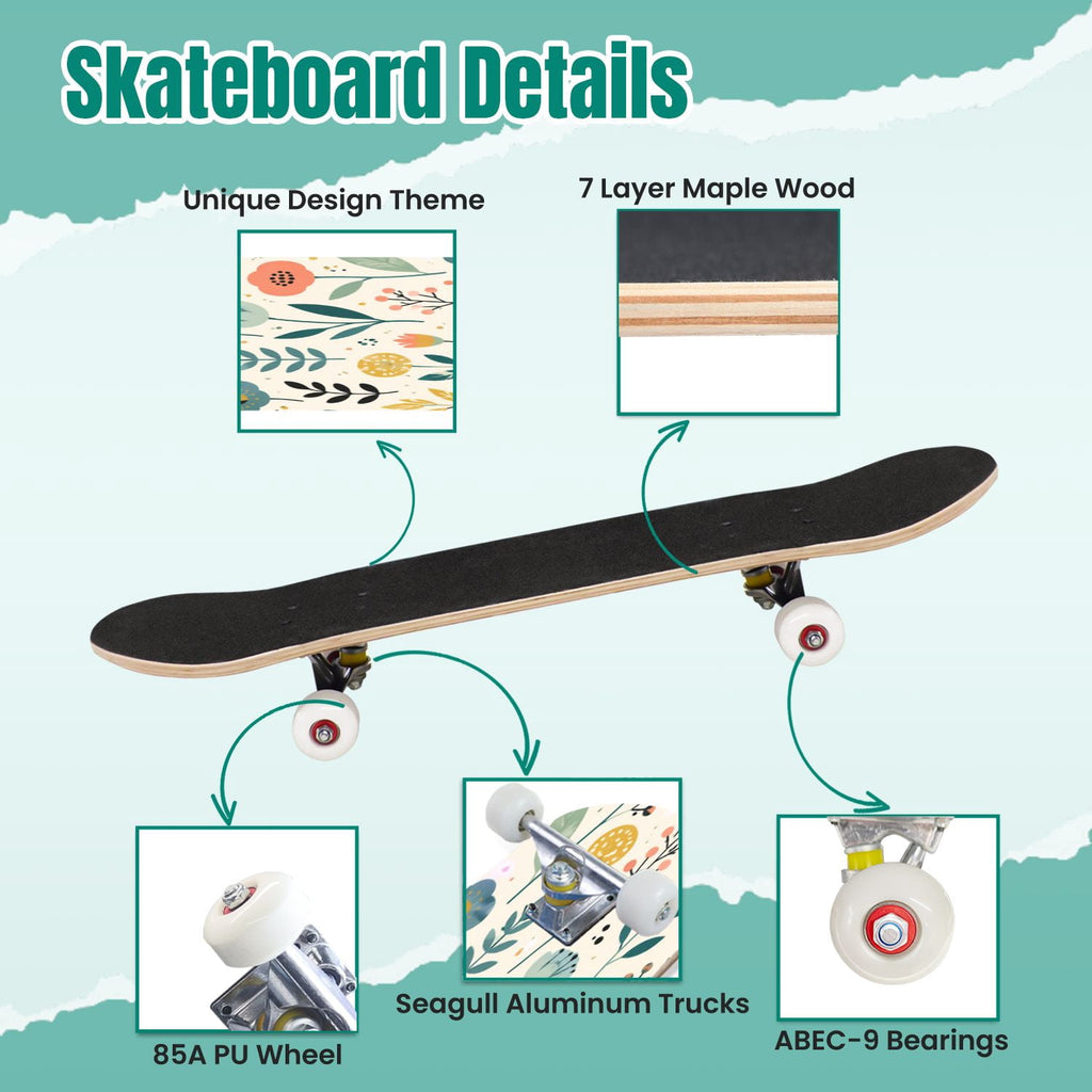 3D Nude Visual Effect Yellowish Brown Layered Chrysanthemum 31" x 8" Complete Skateboard, 7-Ply Canadian Maple Double Kick Trick Board for Kids and Beginners Adult Gifts
