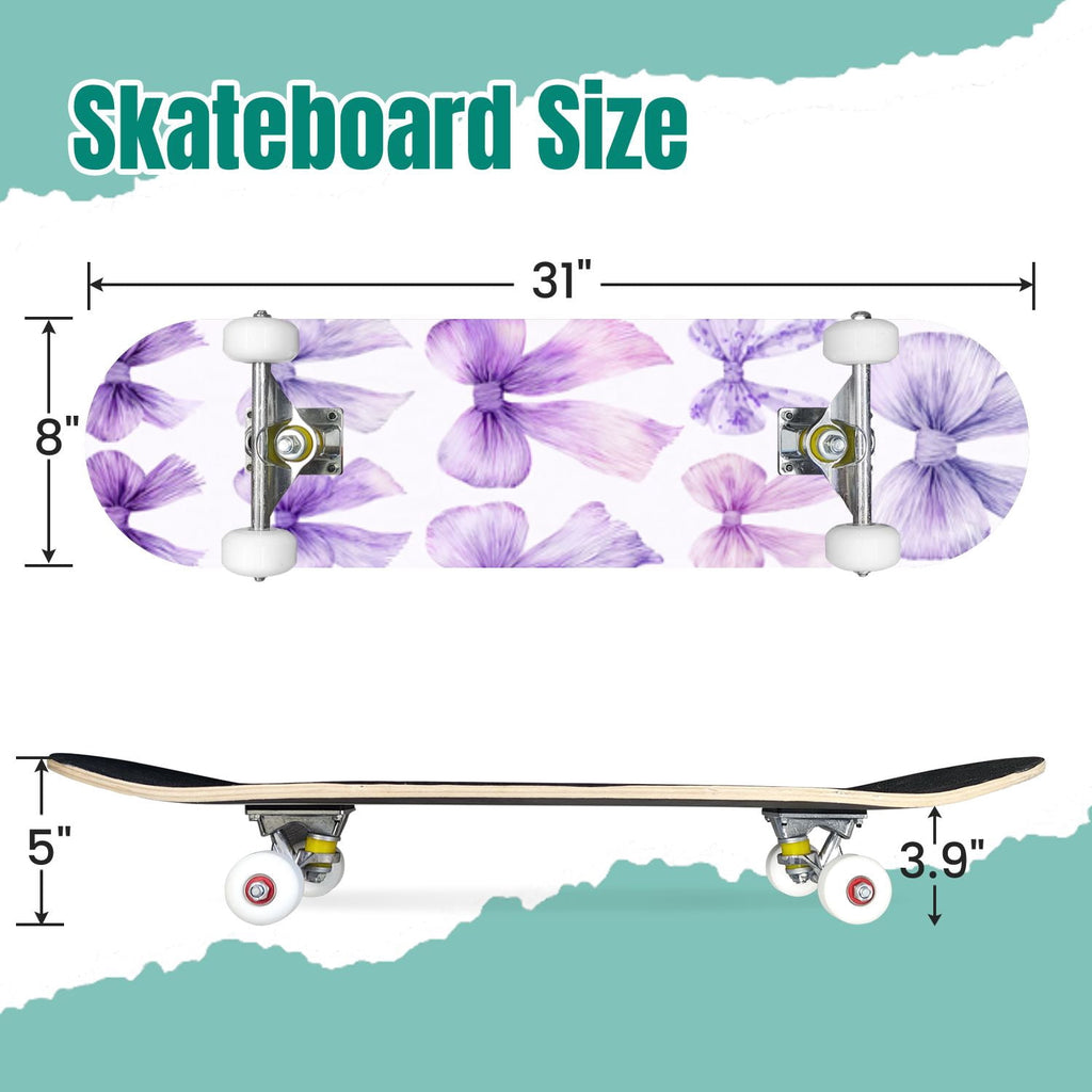 Delicate Pink Floral Ribbon Design 31" x 8" Complete Skateboard, 7-Ply Canadian Maple Double Kick Trick Board for Kids and Beginners Adult Gifts