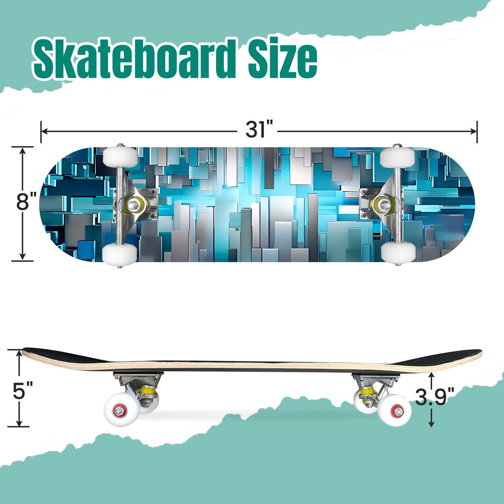 Glowing Futuristic Cubic Tunnel Metallic Tiles Bright Light 31" x 8" Complete Skateboard, 7-Ply Canadian Maple Double Kick Trick Board for Kids and Beginners Adult Gifts
