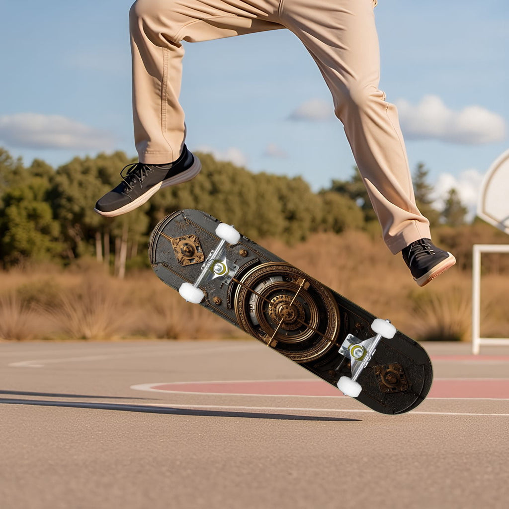 Futuristic Glowing Orange Neon Lines Dark Metallic Panels 31" x 8" Complete Skateboard, 7-Ply Canadian Maple Double Kick Trick Board for Kids and Beginners Adult Gifts