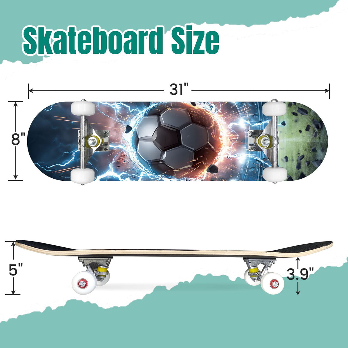 Dynamic Soccer Ball Explosion Energy Effects Stadium 31" x 8" Complete Skateboard, 7-Ply Canadian Maple Double Kick Trick Board for Kids and Beginners Adult Gifts