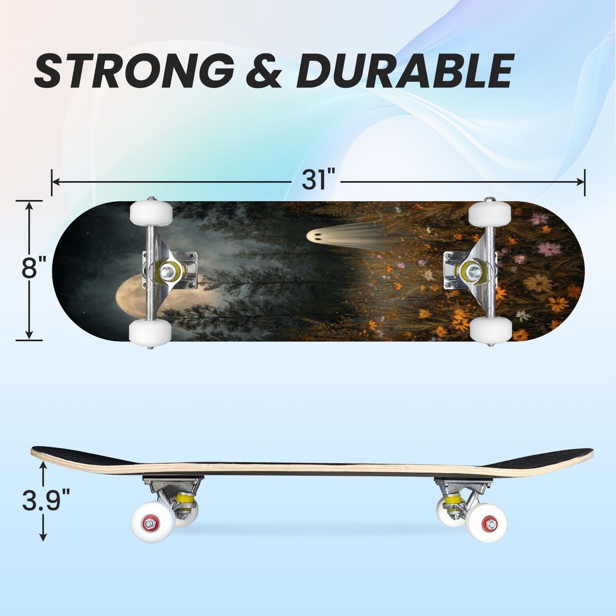 31"x8" Complete Skateboards for Beginners, Skeleton Tree Figure Antler Branches Dark Academia Flowers Double Kick 7 Ply Canadian Maple Deck Skateboard with Wheels, Gifts for Kids Teens
