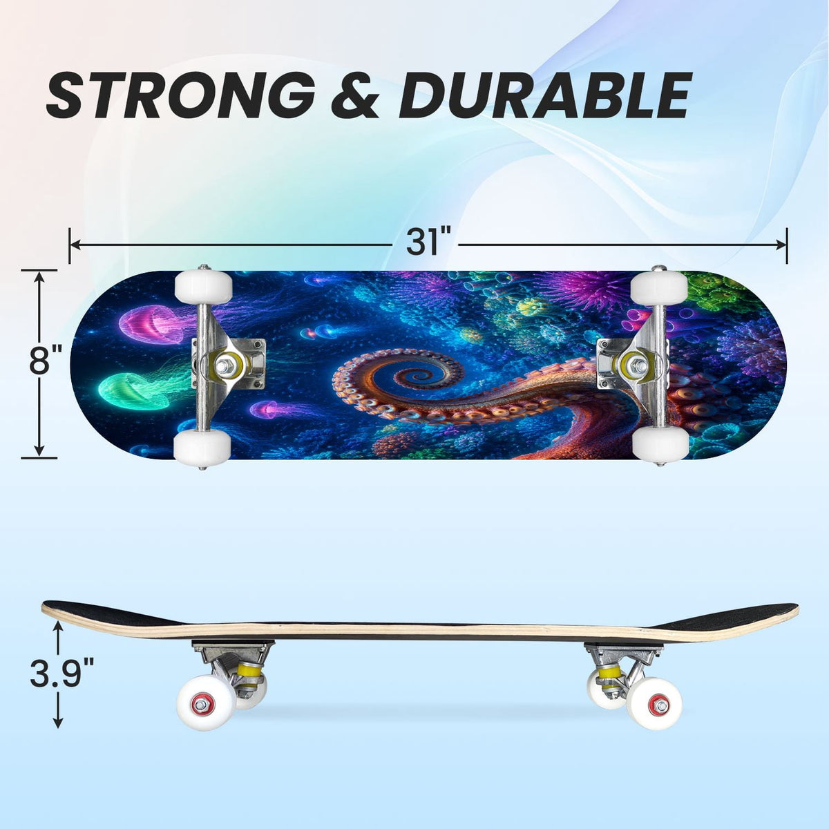 31"x8" Complete Skateboards for Beginners, Colorful Turtle Floral Shell Starry Night Marine Life Double Kick 7 Ply Canadian Maple Deck Skateboard with Wheels, Gifts for Kids Teens