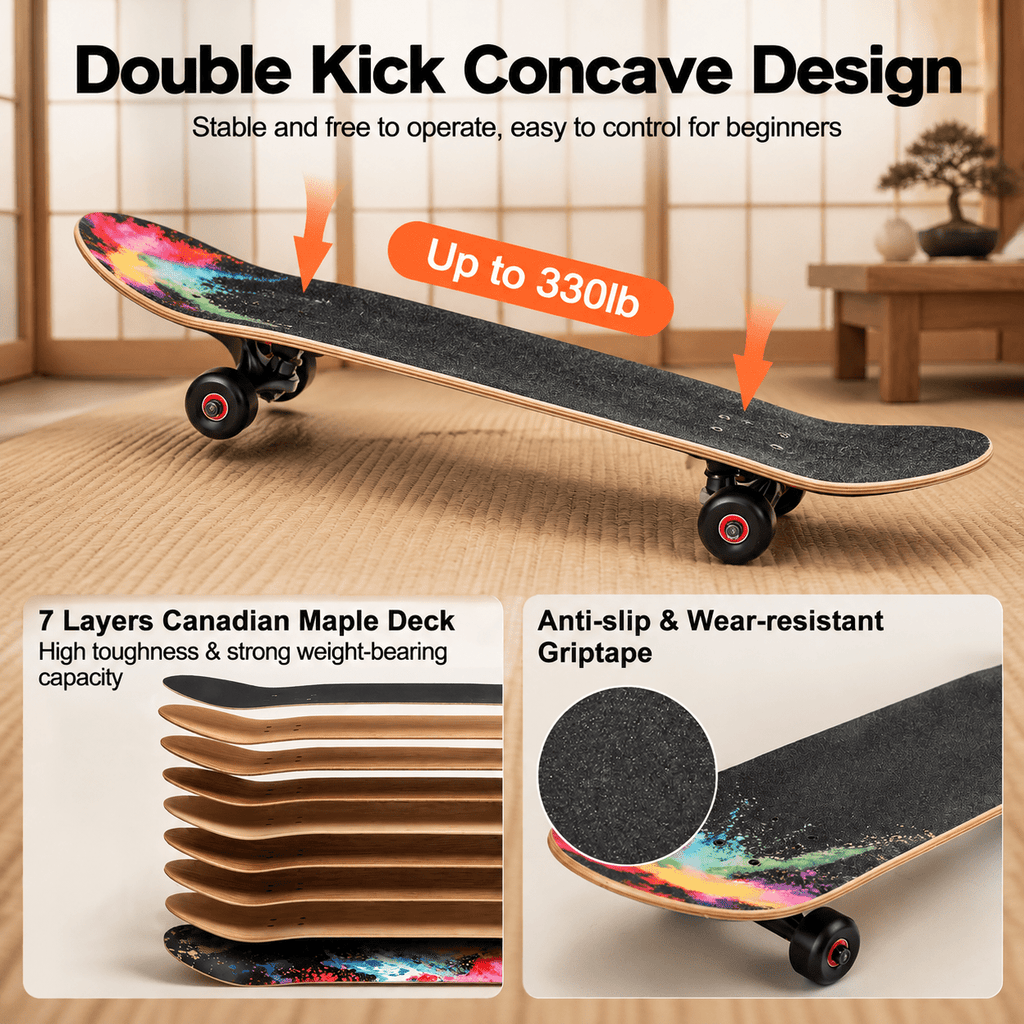 Checkerbot 31"x8" Standard Complete Skateboard with 7 Layer Canadian Maple for Beginners Adults Teens