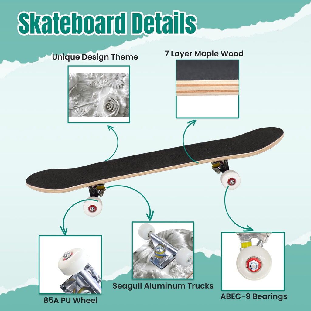 Delicate White Lotus Flowers Leaves Soft Blue 31" x 8" Complete Skateboard, 7-Ply Canadian Maple Double Kick Trick Board for Kids and Beginners Adult Gifts